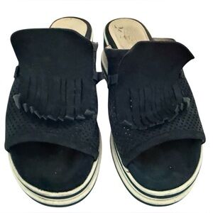 Softwaves Terracare Paltform Wedge Slide Sandals Navy Suede Kiltie Fringe Size 8